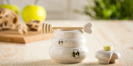 Porzellan Honigtopf mit Holzlöffel – 8x7 cm, Geschenkidee