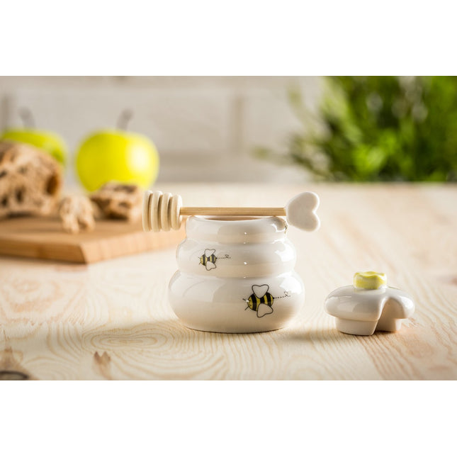 Porzellan Honigtopf mit Holzlöffel – 8x7 cm, Geschenkidee