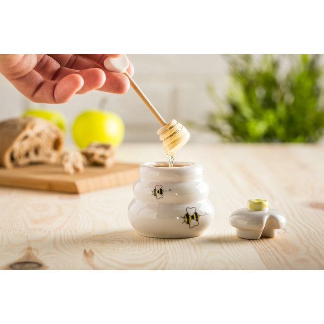 Porzellan Honigtopf mit Holzlöffel – 8x7 cm, Geschenkidee
