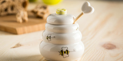 Porzellan Honigtopf mit Holzlöffel – 8x7 cm, Geschenkidee