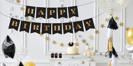 Hängende Girlande Happy Birthday Schwarz-Gold für Party Deko