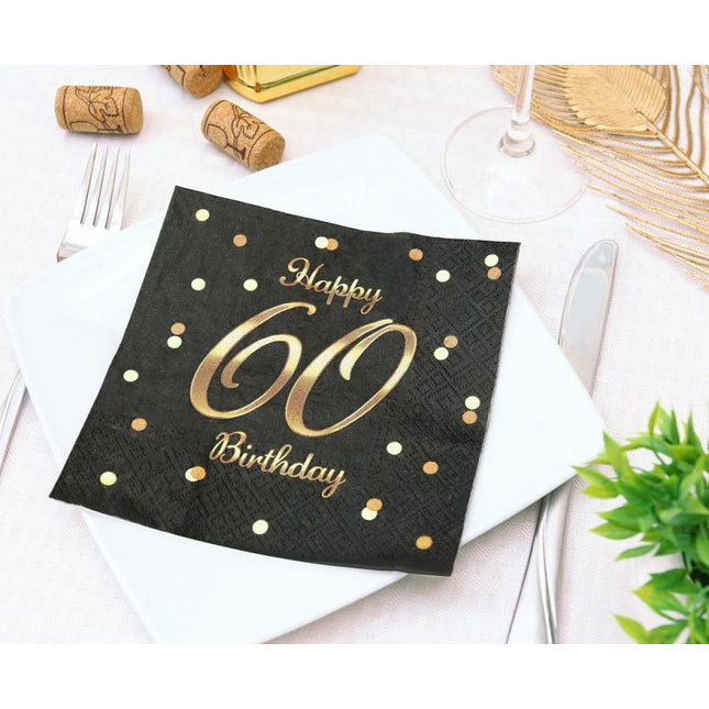 Papierservietten Happy 60 Birthday – Schwarz/Gold, 20 Stück