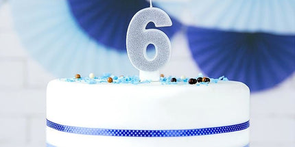 Geburtstagskerze Zahl 6, silber glitzer, 7 cm