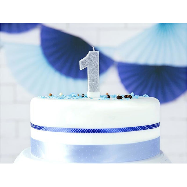 Geburtstagskerze Nr. 1 – Silber Glitzer, 7 cm