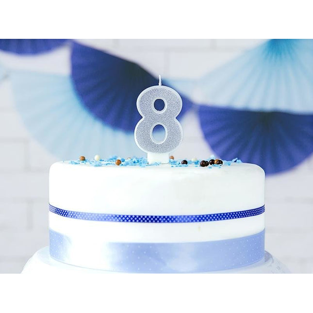 Geburtstagskerze Zahl 8, silber glitzer, 7 cm