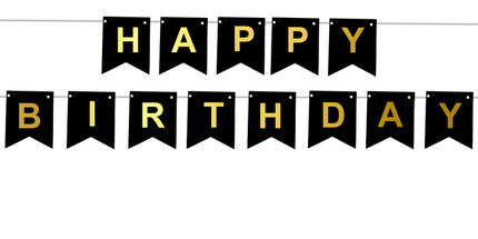 Viseč napis Happy Birthday, črno zlat 250cm