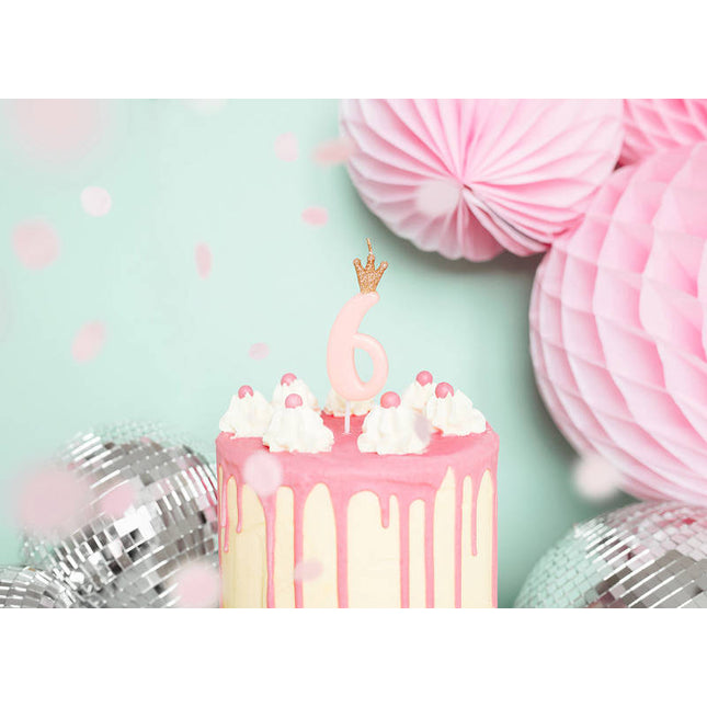 Geburtstagskerze Zahl 6 mit Krone, rosa, 9,5 cm hoch
