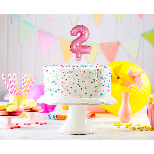 Ballon Zahl 2 auf Stab, rosa, 13 cm, Geburtstagsdeko